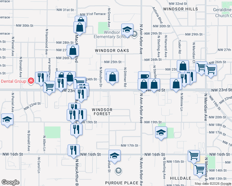 map of restaurants, bars, coffee shops, grocery stores, and more near 5522 Northwest 23rd Street in Oklahoma City