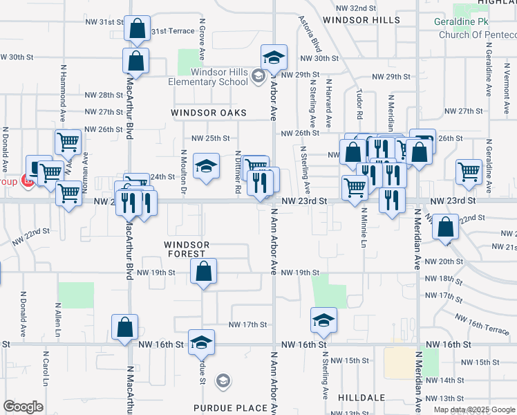 map of restaurants, bars, coffee shops, grocery stores, and more near 4926 Northwest 23rd Street in Oklahoma City