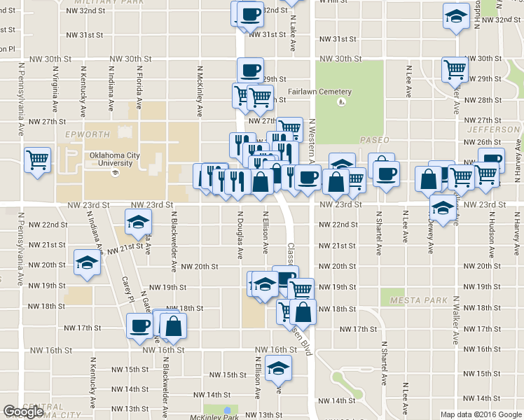 map of restaurants, bars, coffee shops, grocery stores, and more near 1304 Northwest 23rd Street in Oklahoma City