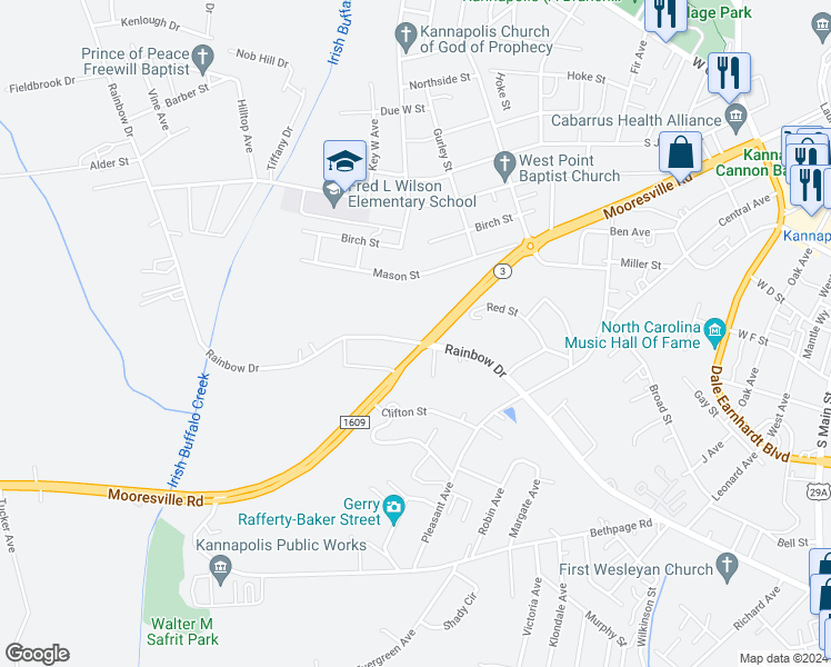map of restaurants, bars, coffee shops, grocery stores, and more near 1346 Rainbow Drive in Kannapolis