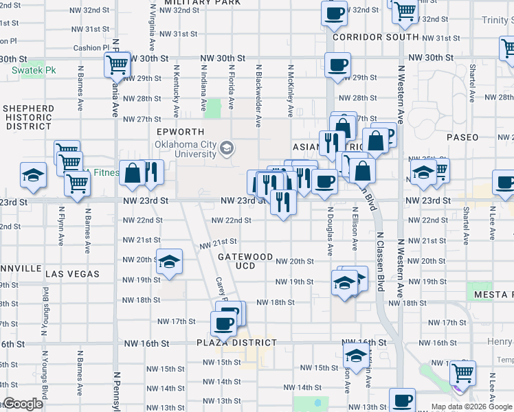 map of restaurants, bars, coffee shops, grocery stores, and more near 1708 Northwest 23rd Street in Oklahoma City