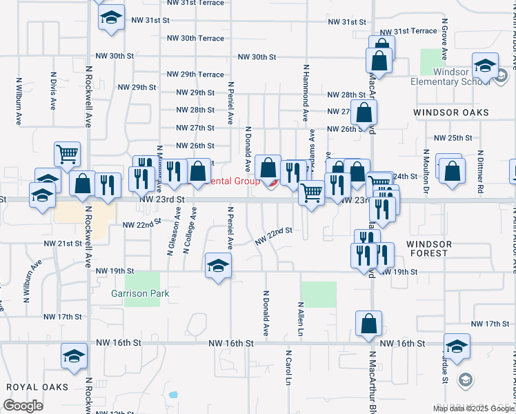 map of restaurants, bars, coffee shops, grocery stores, and more near 6400 Northwest 23rd Street in Bethany