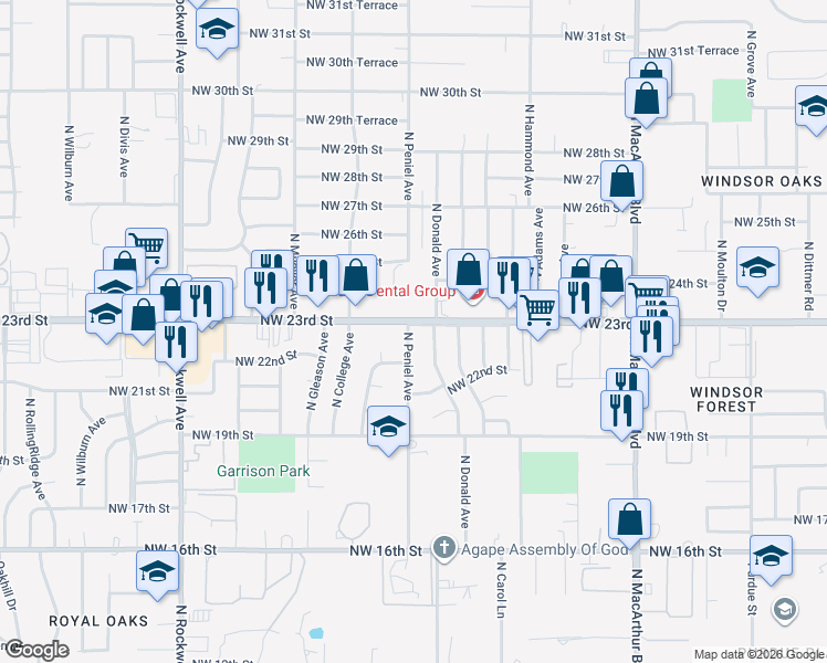 map of restaurants, bars, coffee shops, grocery stores, and more near 6508 Northwest 23rd Street in Bethany