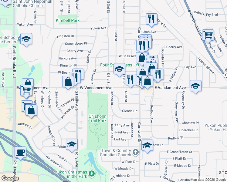 map of restaurants, bars, coffee shops, grocery stores, and more near 1305 Dianna Drive in Yukon