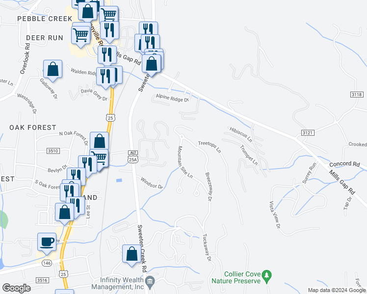 map of restaurants, bars, coffee shops, grocery stores, and more near 61 Mountain Site Lane in Asheville