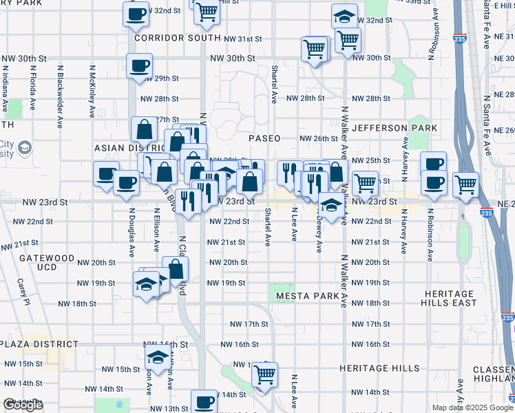 map of restaurants, bars, coffee shops, grocery stores, and more near 907 Northwest 23rd Street in Oklahoma City