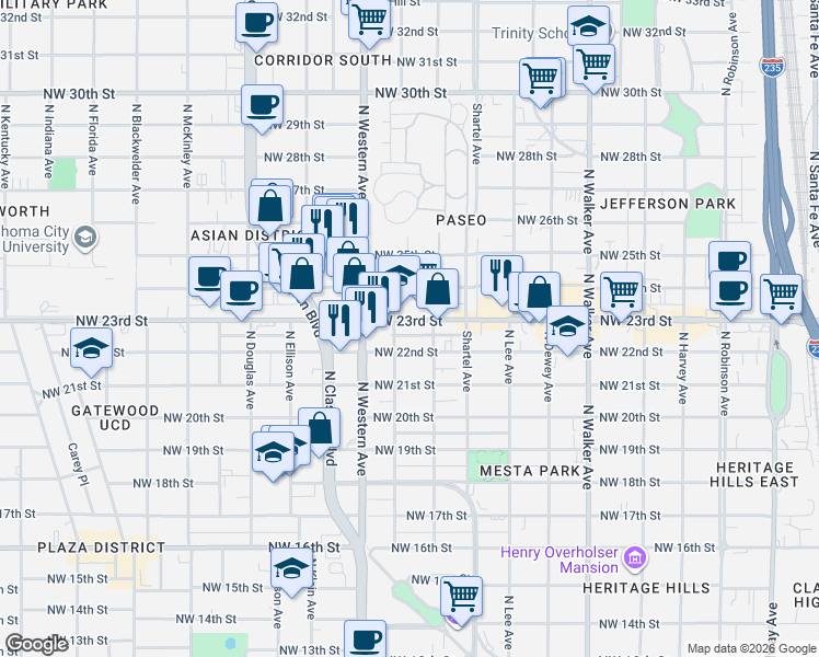 map of restaurants, bars, coffee shops, grocery stores, and more near 928 Northwest 23rd Street in Oklahoma City