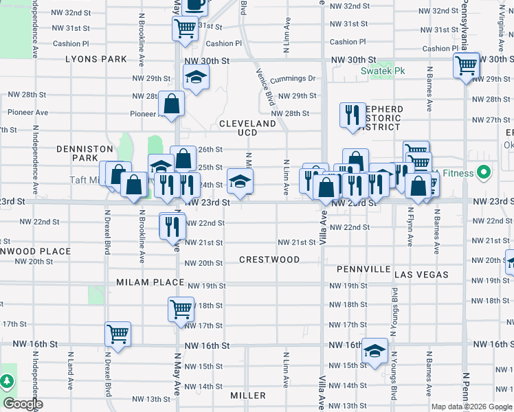 map of restaurants, bars, coffee shops, grocery stores, and more near 2712 Northwest 23rd Street in Oklahoma City