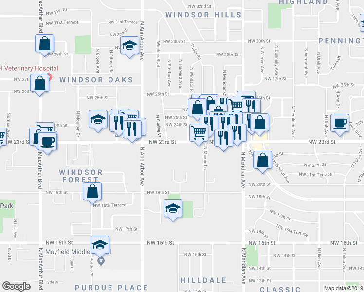 map of restaurants, bars, coffee shops, grocery stores, and more near 4724 Northwest 23rd Street in Oklahoma City