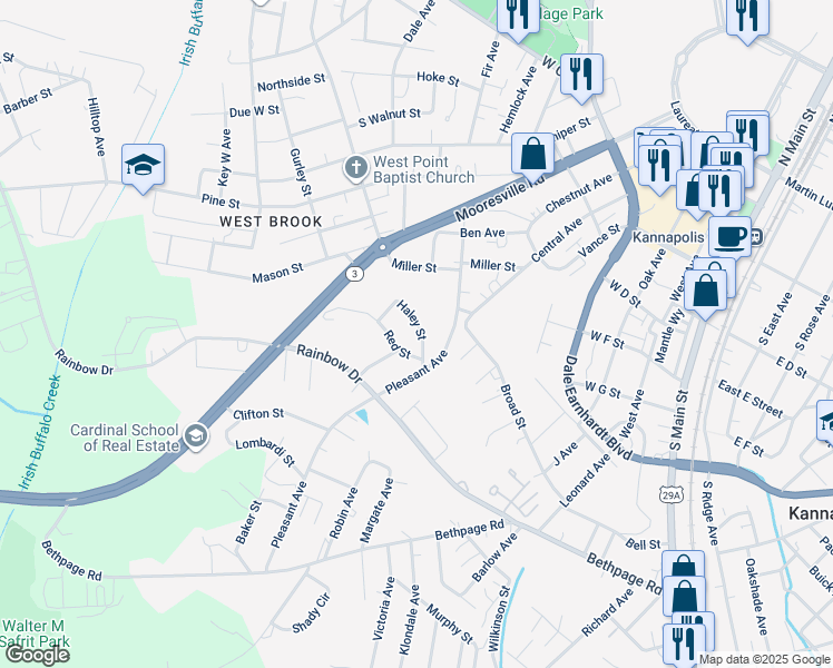 map of restaurants, bars, coffee shops, grocery stores, and more near 911 Haley Street in Kannapolis