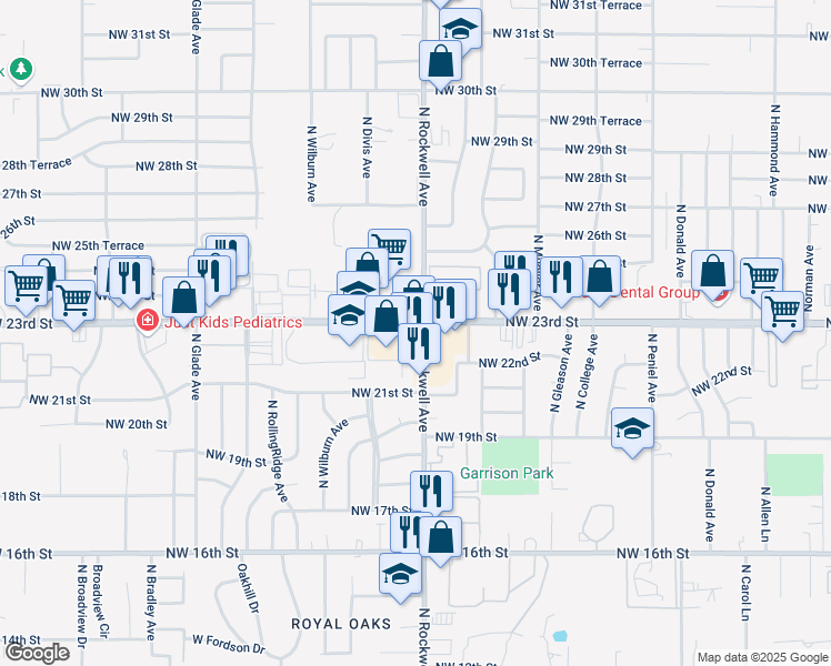 map of restaurants, bars, coffee shops, grocery stores, and more near 7104 Northwest 23rd Street in Bethany