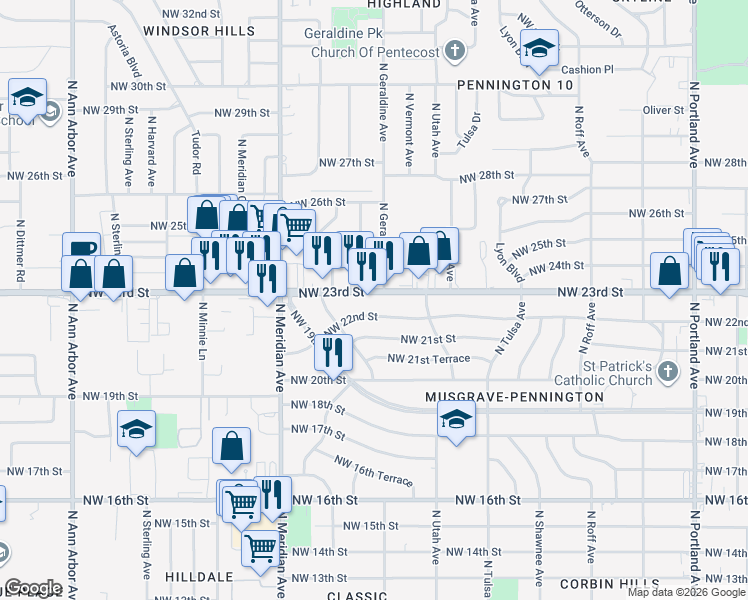 map of restaurants, bars, coffee shops, grocery stores, and more near 4308 Northwest 23rd Street in Oklahoma City