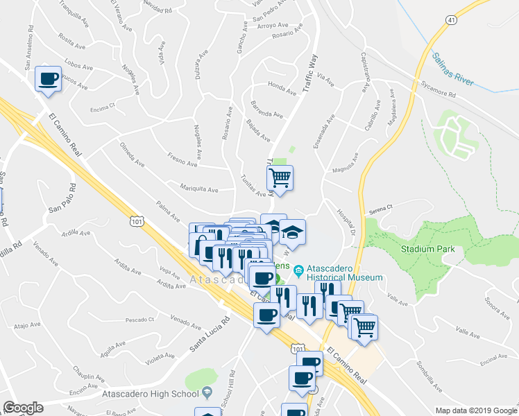 map of restaurants, bars, coffee shops, grocery stores, and more near 5805 Olmeda Avenue in Atascadero