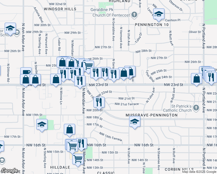 map of restaurants, bars, coffee shops, grocery stores, and more near 4308 NW 23rd St in Oklahoma City