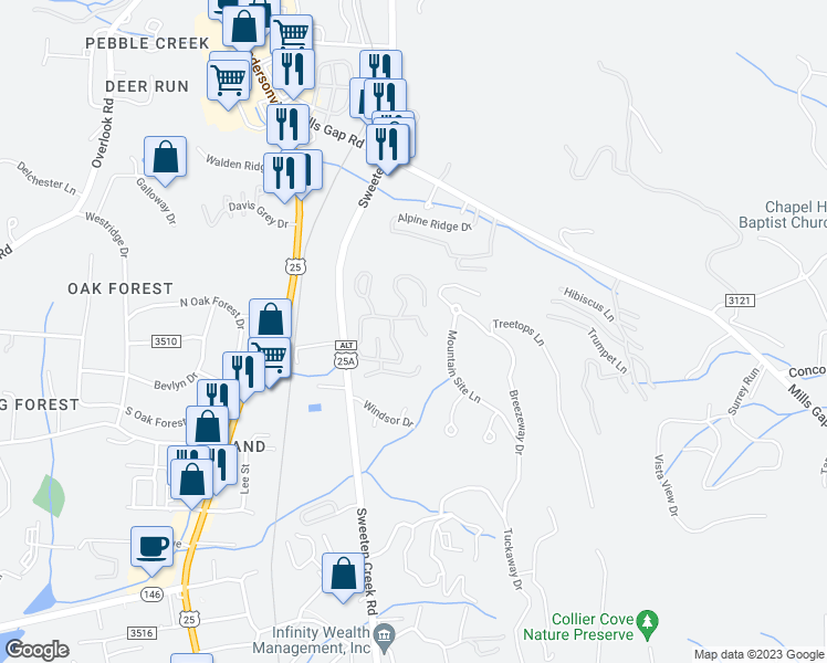 map of restaurants, bars, coffee shops, grocery stores, and more near 1200 Kensington Place in Asheville