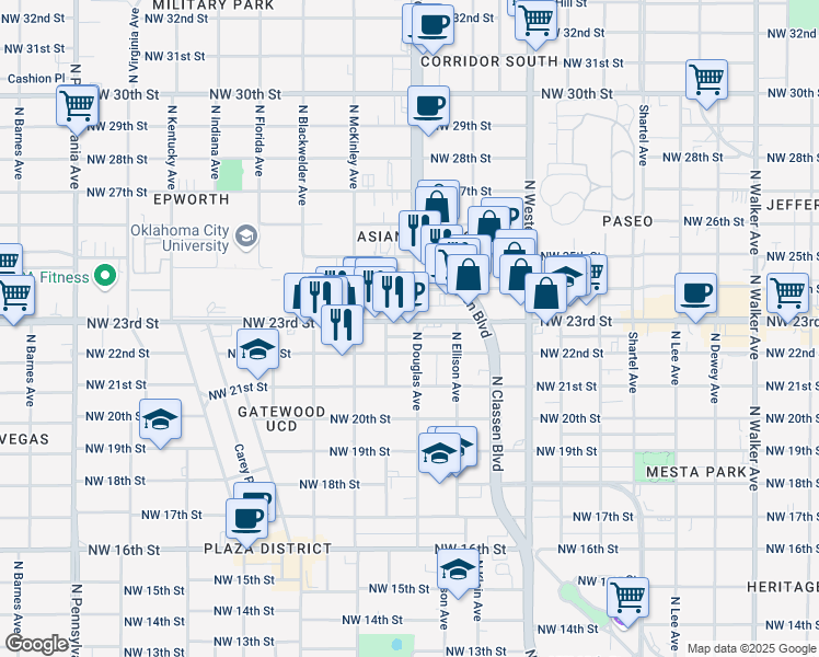 map of restaurants, bars, coffee shops, grocery stores, and more near 1400 Northwest 23rd Street in Oklahoma City