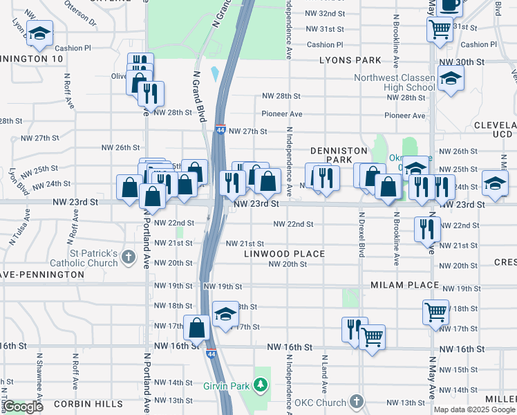 map of restaurants, bars, coffee shops, grocery stores, and more near 3342 Northwest 23rd Street in Oklahoma City