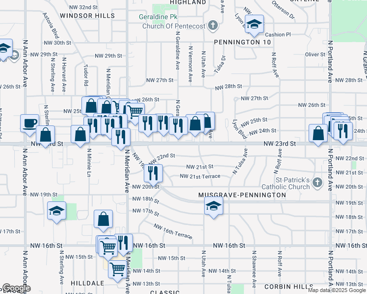map of restaurants, bars, coffee shops, grocery stores, and more near 4220 Northwest 23rd Street in Oklahoma City