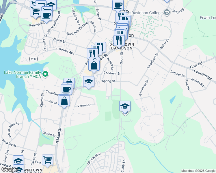 map of restaurants, bars, coffee shops, grocery stores, and more near 630 James Alexander Way in Davidson