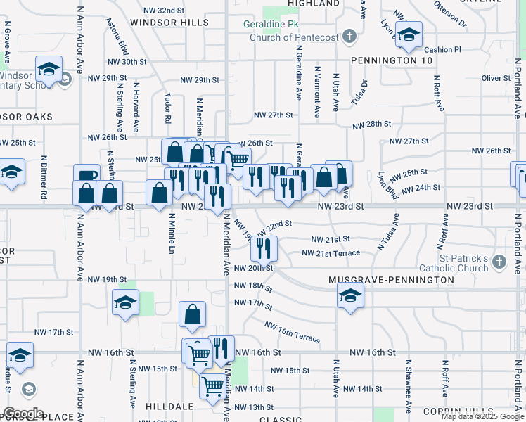 map of restaurants, bars, coffee shops, grocery stores, and more near 4336 Northwest 23rd Street in Oklahoma City