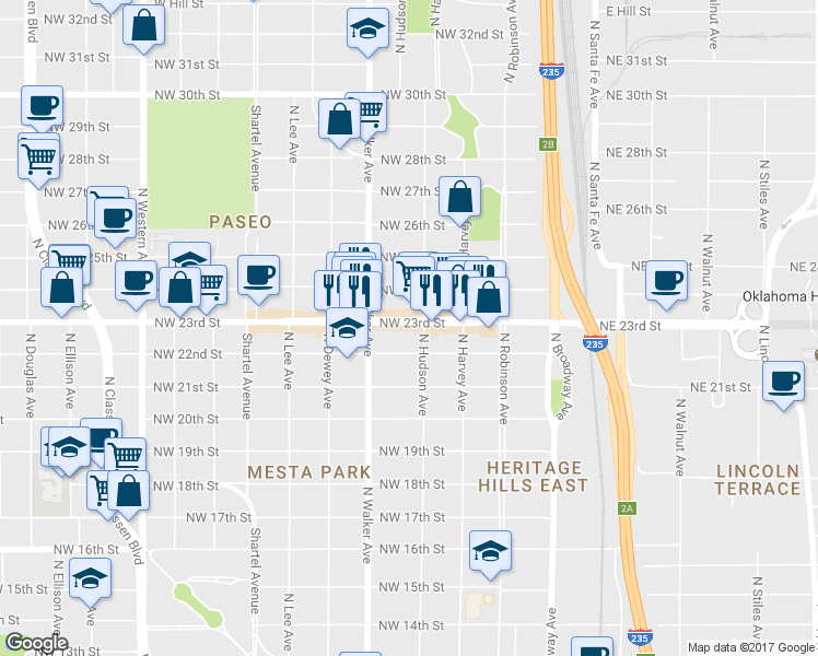 map of restaurants, bars, coffee shops, grocery stores, and more near 412 NW 23rd St in Oklahoma City