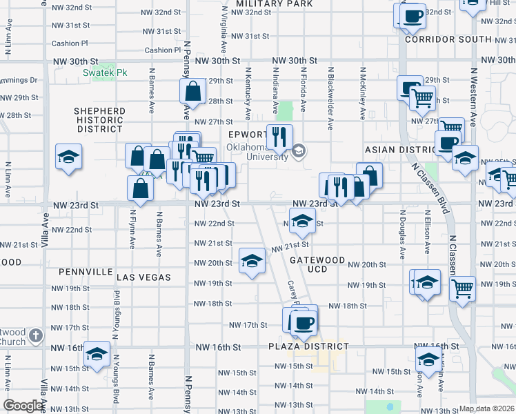 map of restaurants, bars, coffee shops, grocery stores, and more near 2320 North Indiana Avenue in Oklahoma City
