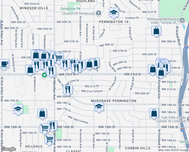 map of restaurants, bars, coffee shops, grocery stores, and more near 4176 Northwest 23rd Street in Oklahoma City