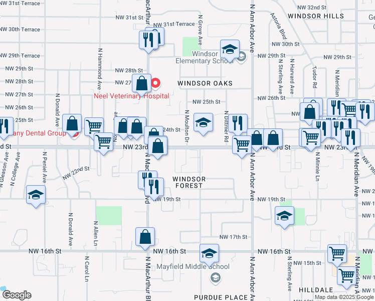 map of restaurants, bars, coffee shops, grocery stores, and more near 5602 Northwest 23rd Street in Oklahoma City