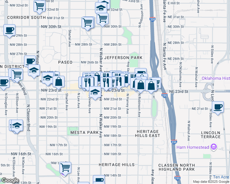 map of restaurants, bars, coffee shops, grocery stores, and more near 412 Northwest 23rd Street in Oklahoma City