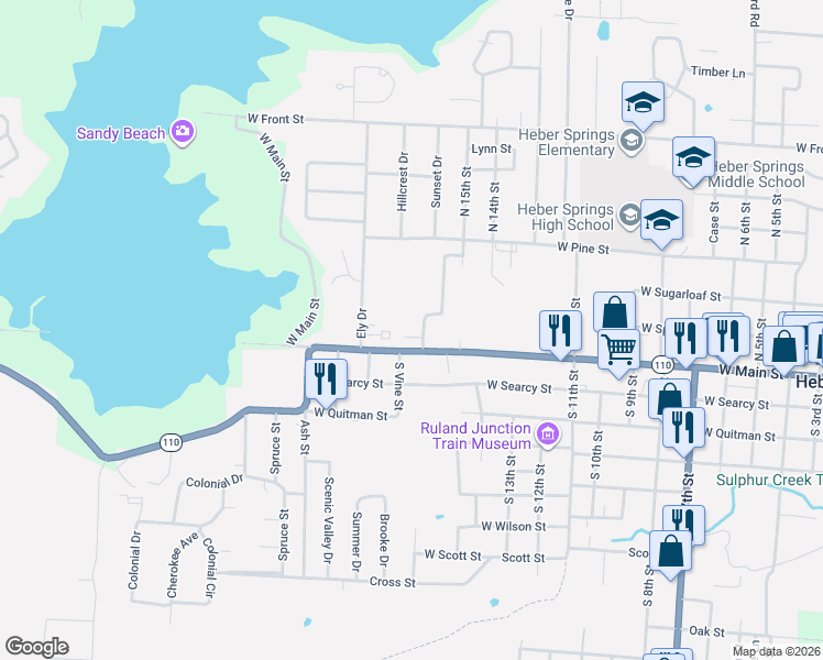 map of restaurants, bars, coffee shops, grocery stores, and more near 1616 Cactus Drive in Heber Springs