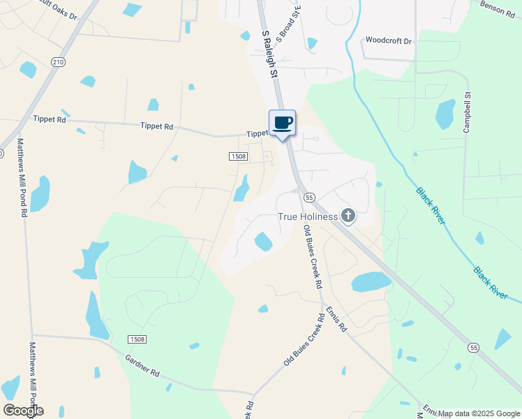 map of restaurants, bars, coffee shops, grocery stores, and more near 56 Blair Drive in Angier