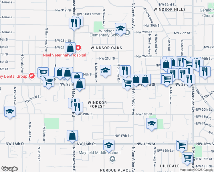 map of restaurants, bars, coffee shops, grocery stores, and more near 5522 Northwest 23rd Street in Oklahoma City