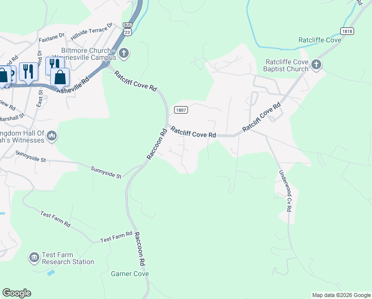 map of restaurants, bars, coffee shops, grocery stores, and more near 25 Mountainside Drive in Waynesville