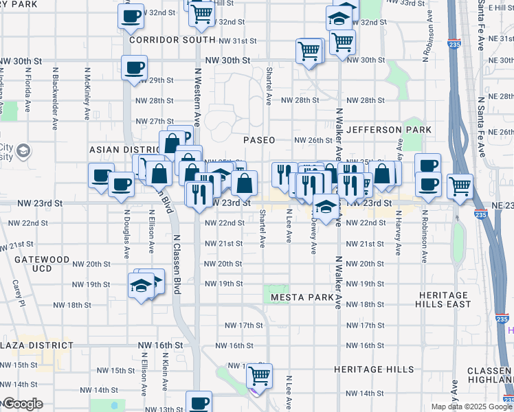 map of restaurants, bars, coffee shops, grocery stores, and more near 804 Northwest 23rd Street in Oklahoma City