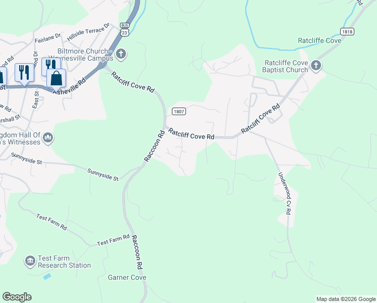 map of restaurants, bars, coffee shops, grocery stores, and more near 25 Mountainside Drive in Waynesville