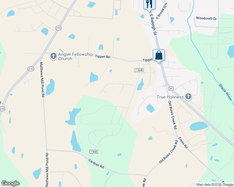 map of restaurants, bars, coffee shops, grocery stores, and more near 78 Foxfield Ct in Angier