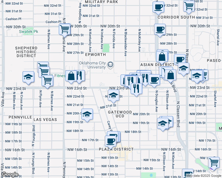map of restaurants, bars, coffee shops, grocery stores, and more near 1808 Northwest 23rd Street in Oklahoma City