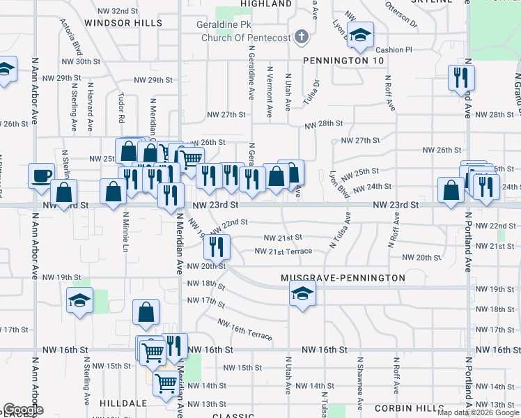 map of restaurants, bars, coffee shops, grocery stores, and more near 4220 Northwest 23rd Street in Oklahoma City