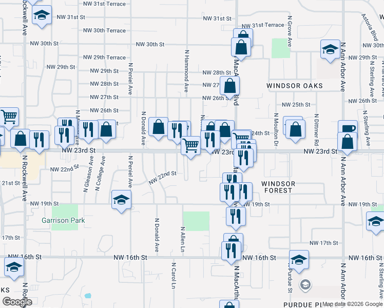 map of restaurants, bars, coffee shops, grocery stores, and more near 6014 Northwest 23rd Street in Oklahoma City