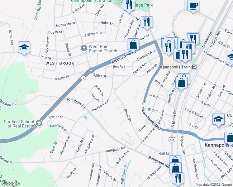 map of restaurants, bars, coffee shops, grocery stores, and more near 728 Broad Street in Kannapolis