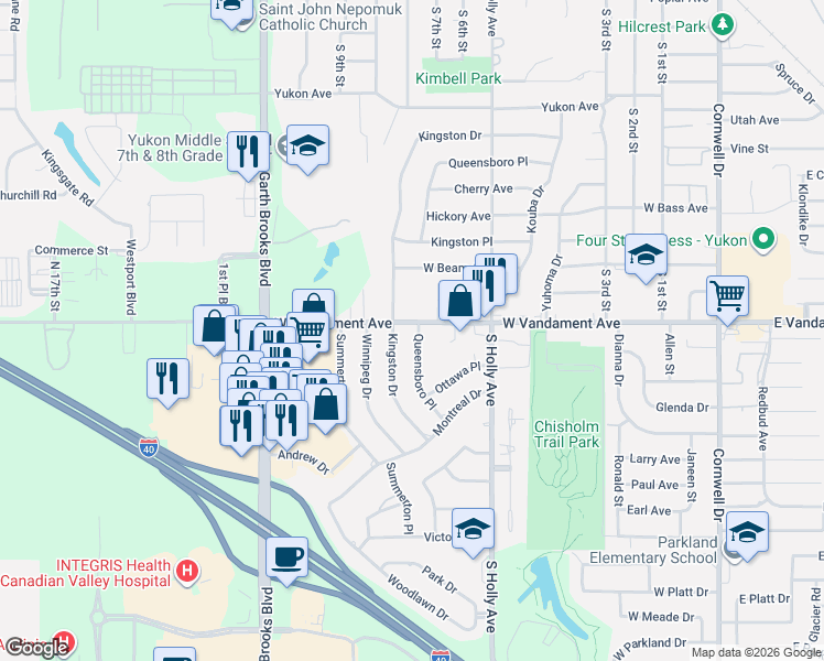 map of restaurants, bars, coffee shops, grocery stores, and more near 1004 Kingston Drive in Yukon