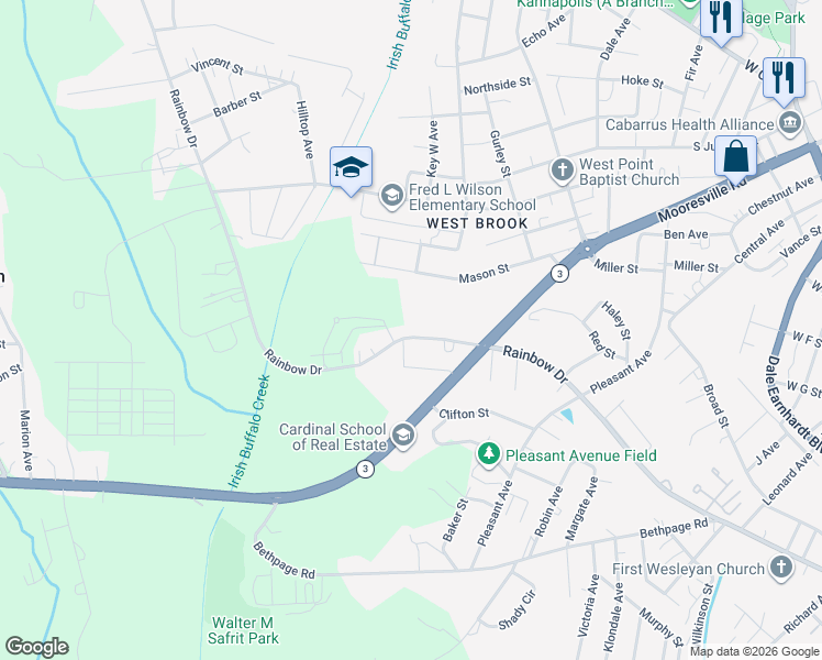 map of restaurants, bars, coffee shops, grocery stores, and more near 1390 Rainbow Drive in Kannapolis