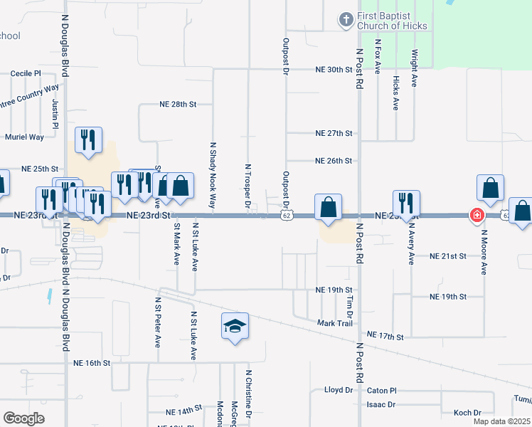 map of restaurants, bars, coffee shops, grocery stores, and more near 2401 Perrine Drive in Oklahoma City