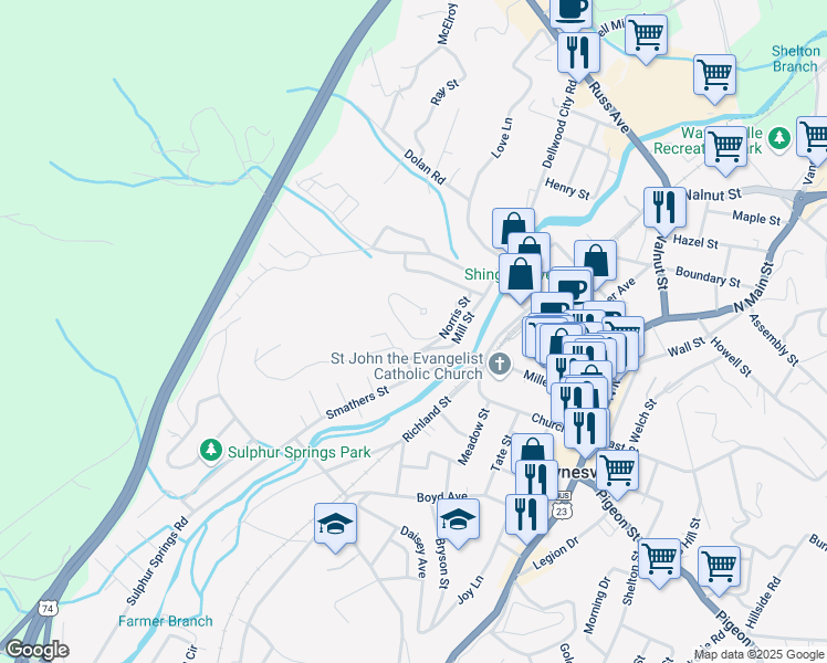 map of restaurants, bars, coffee shops, grocery stores, and more near 74 Morningview Road in Waynesville