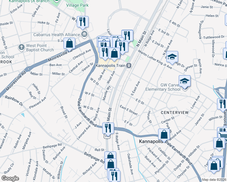 map of restaurants, bars, coffee shops, grocery stores, and more near 107 Cabarrus Avenue in Kannapolis