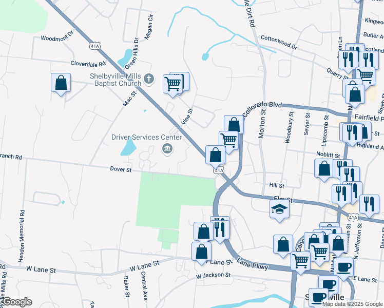 map of restaurants, bars, coffee shops, grocery stores, and more near 833 Union Street in Shelbyville