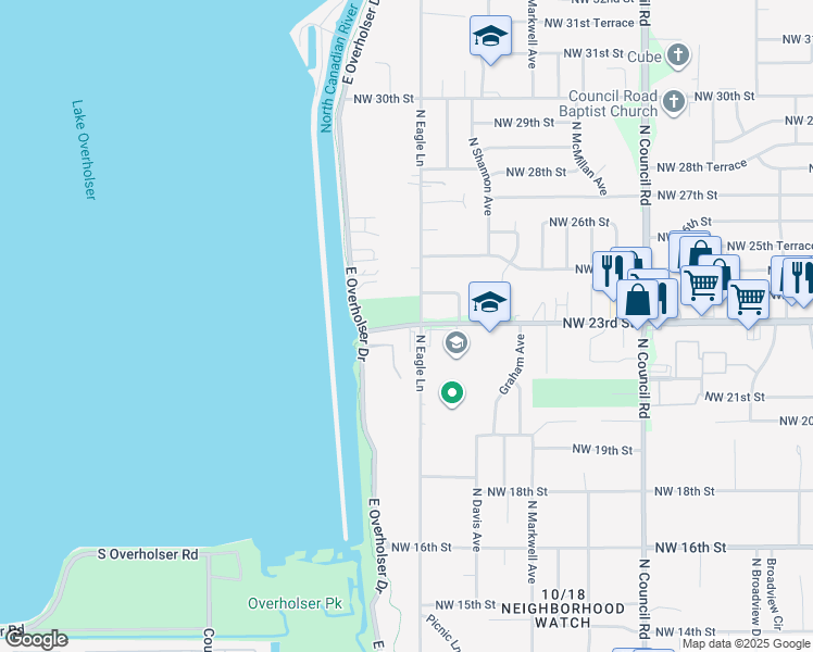 map of restaurants, bars, coffee shops, grocery stores, and more near 8500 Northwest 23rd Street in Oklahoma City