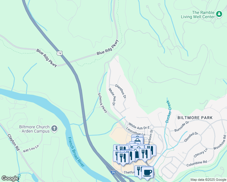 map of restaurants, bars, coffee shops, grocery stores, and more near 47 White Ash Drive in Asheville