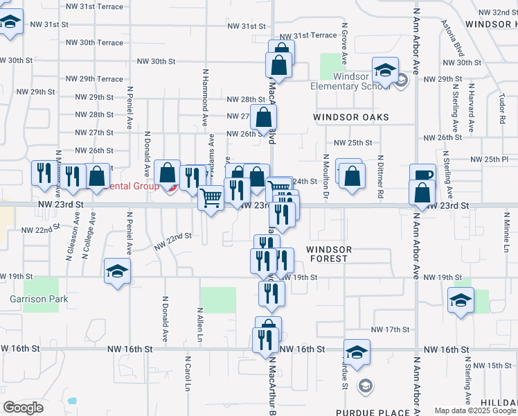 map of restaurants, bars, coffee shops, grocery stores, and more near 5920 Northwest 23rd Street in Oklahoma City