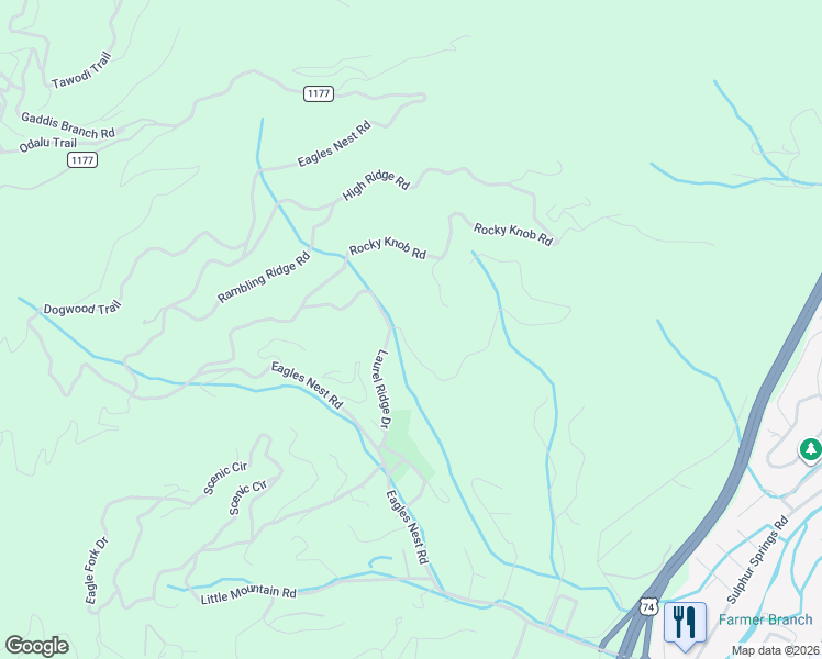 map of restaurants, bars, coffee shops, grocery stores, and more near 715 Laurel Ridge Drive in Waynesville